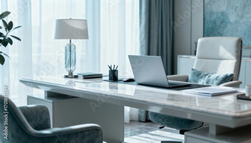 Wallpaper Mural Modern Executive Office with Laptop, Marble Desk, and Natural Light Creates Professional Workspace Torontodigital.ca