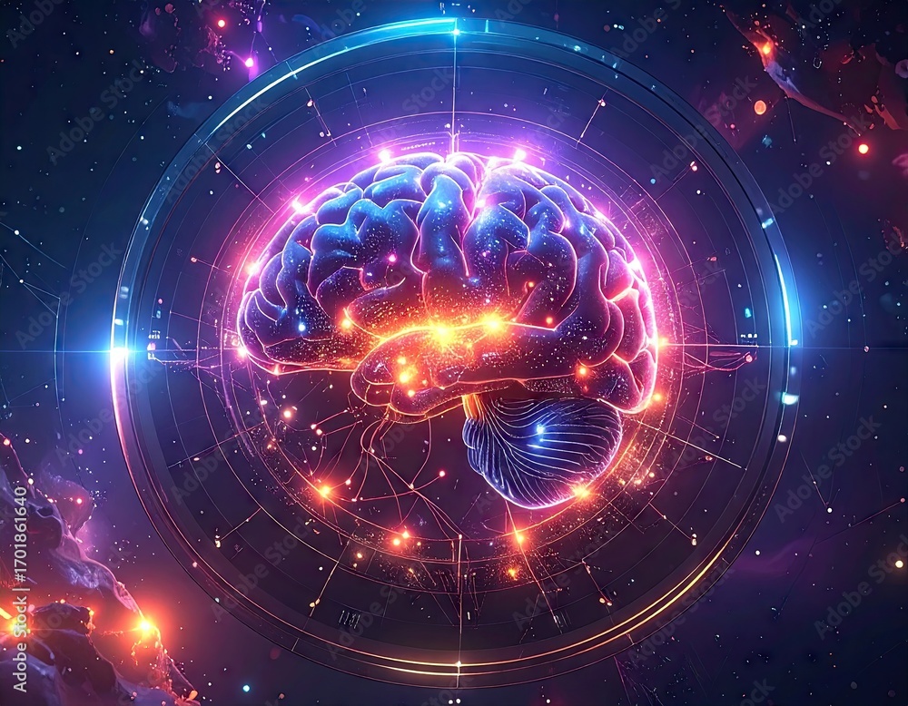 Fototapeta premium Glowing Blue Digital Neural Network in Futuristic Space