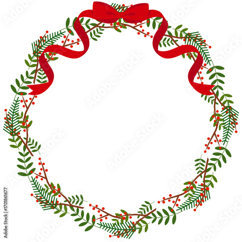 赤いリボンのついたクリスマスリースのイラスト