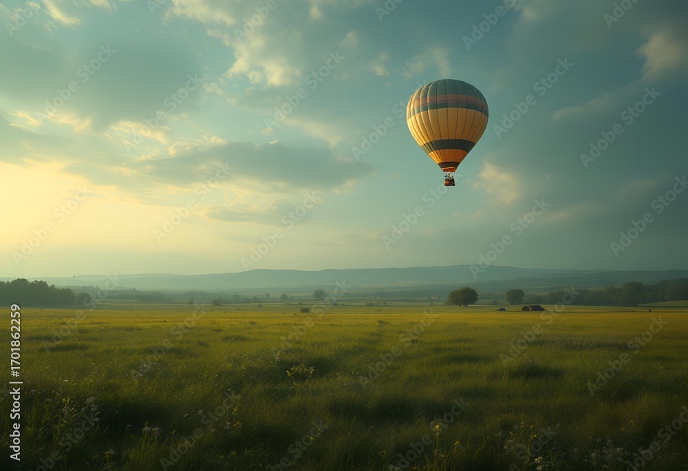 Obraz premium Serene Hot Air Balloon Flight Over Vast Meadow at Dawn