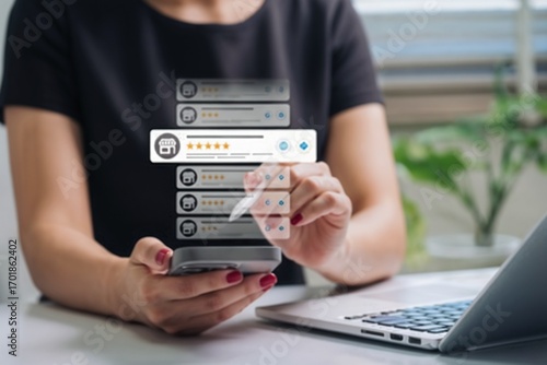 Wallpaper Mural Businesswoman using smartphone with digital customer review and star rating interface, representing online feedback, user experience, client satisfaction, and modern business evaluation. Torontodigital.ca