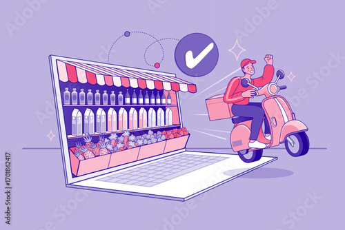 A courier on a scooter starts a fast delivery from an online grocery store on a laptop. A checkmark icon confirms the e-commerce order for a quick shipment from the digital supermarket.