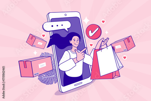 A happy woman emerges from a smartphone with her shopping haul, showing a successful online purchase. Boxes, a checkmark, and hearts illustrate customer satisfaction, delivery, and a positive review. 