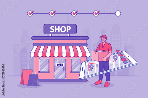 A courier picks up a package from a local shop for delivery. A status bar and a map on his smartphone illustrate the e-commerce order tracking process for shipping from a retail store.