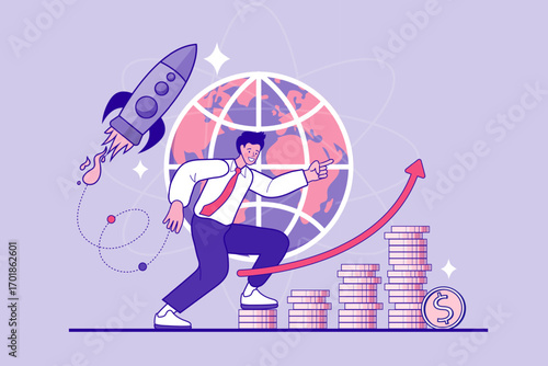 An ambitious businessman climbs stairs of money, showing financial and career growth. A rocket launch and globe symbolize a global startup, successful investment, and international business expansion.