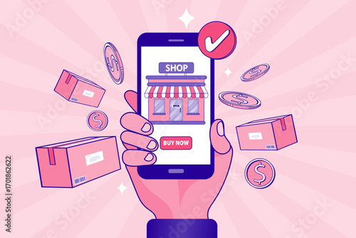 A hand holds a smartphone, making an online shopping purchase from a mobile store app. Floating boxes and coins with a checkmark icon illustrate a confirmed order, payment, and a fast delivery service