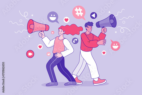 A marketing team with megaphones makes an announcement for a digital promotion. Social media icons for hashtags, video, and chat illustrate a collaborative campaign and online communication.