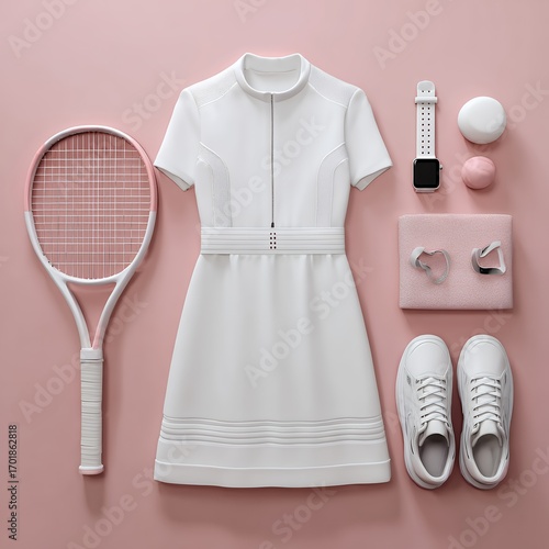 Stylish tennis outfit flat lay with white dress, pink racket, and accessories on a pastel background