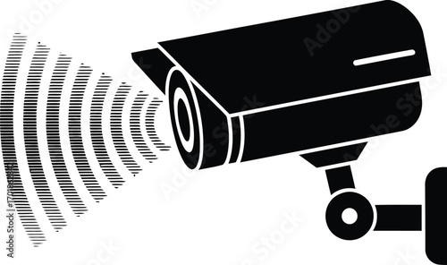 Security camera with wave signal, camera is mounted a wall and is pointing towards viewer