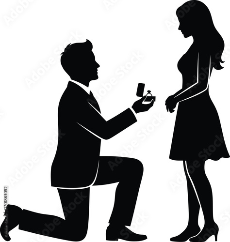 Silhouette of a man proposing to a woman man is one knee holding a ring box, and woman is standing