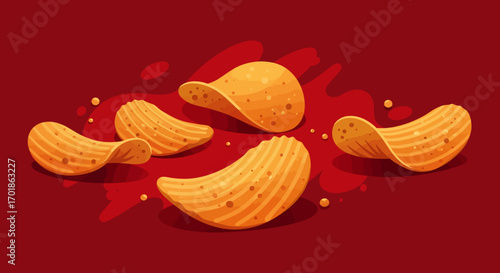 Cartoon Illustration of Crispy Potato Chips on Red Background.