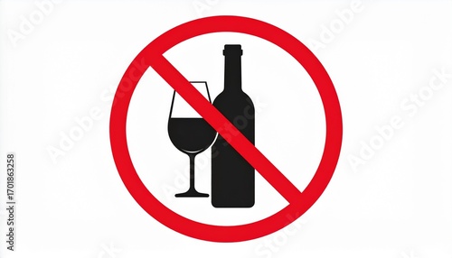 Minimalist prohibition sign, wine glass and bottle icon inside bold red circle with diagonal line.