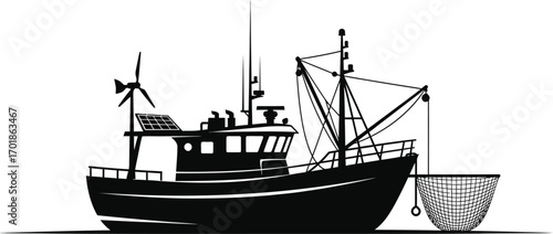 Silhouette of a fishing boat sea, boat is equipped with a net for catching fish and a wind turbine