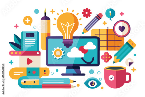 Minimalist vector illustration of two hands sketching a glowing light bulb with a pen, symbolizing creativity, brainstorming, innovation, imagination, and idea generation. Perfect for business present