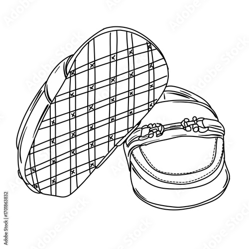 A black and white line drawing of two padded striking pads used in martial arts training, one showing the sole with a grid pattern, the other the top with straps and buckles.