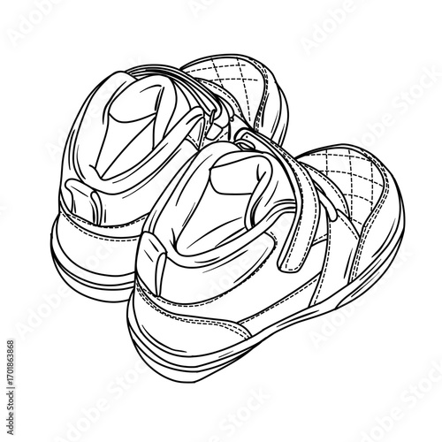 A black and white line art illustration of a pair of small childrens shoes. This simple sketch features two sneakers with velcro straps, shown from a top down perspective.