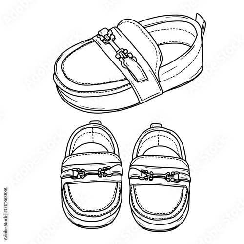 A black and white line art illustration of infant footwear. The image shows a pair of loafers from a top view and a single shoe from a side angle, featuring a zipper accent.
