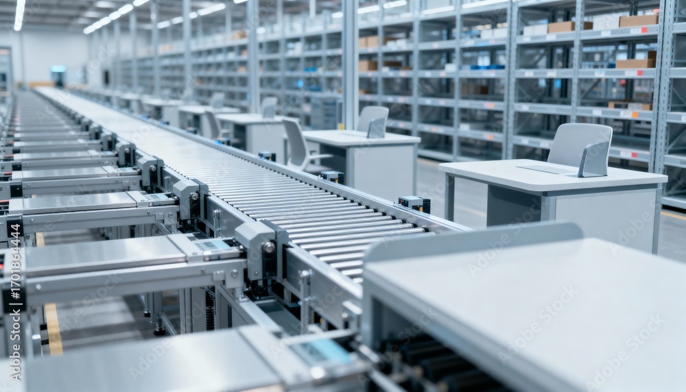 Obraz premium Automated Conveyor System in a Modern Warehouse for Efficient Inventory Management and Streamlined Logistics Operations