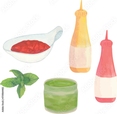 Vector watercolor illustration set of ketchup bottle, cheese sauce, ketchup, mustard, pesto, basil leaves, tomato paste, and lecho