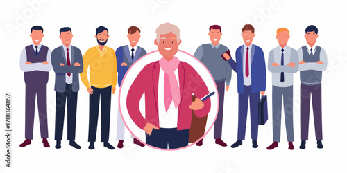 Diverse group of businessmen standing together in a line with a senior leader highlighted in a circle