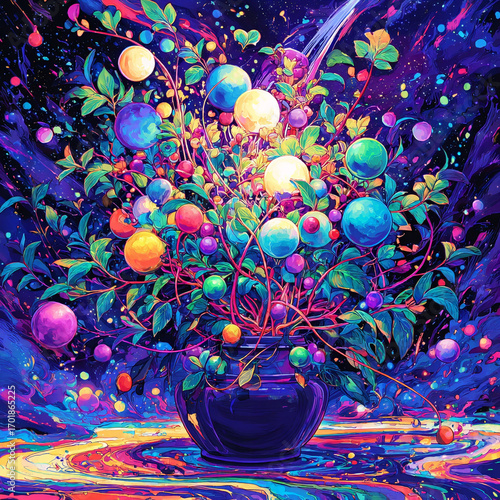 Urn - A vase of entwined crimson strands overflowing with spheres of oneiric shade