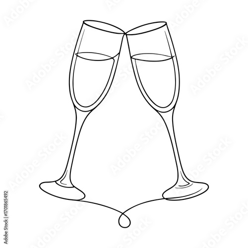 one line drawing of two champagne glasses