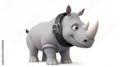 Wallpaper Mural Rhino with GPS Tracker: A charming and slightly anthropomorphic rhinoceros wearing a GPS tracker. The image likely conveys themes of wildlife monitoring, conservation, and potentially technology.  Torontodigital.ca