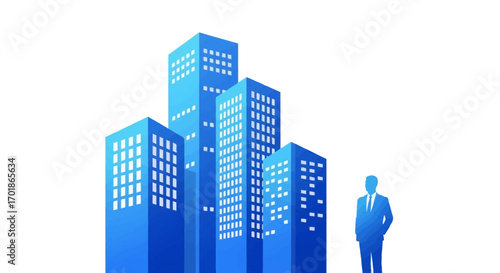 Illustration of a business professional standing in front of a group of blue abstract skyscrapers representing corporate growth and success in a modern city environment