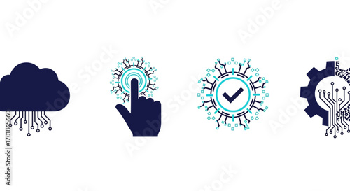 Collection of Futuristic Digital Technology Icons Representing Cloud Computing User Interaction System Approval and Automation Processes in a Modern Business Environment