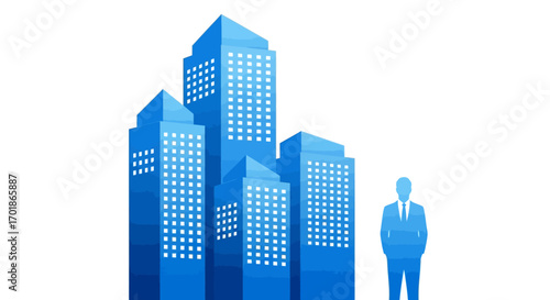A solitary businessman stands before a cluster of imposing blue skyscrapers symbolizing corporate power and business development