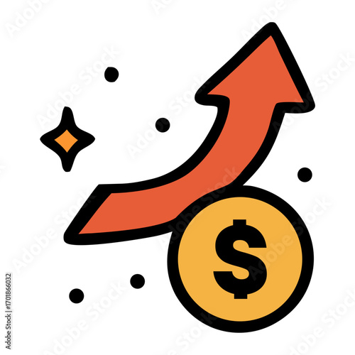 Curving arrow and gold dollar coin symbolizing financial growth. Suitable for investment, finance, success concepts in presentations, websites, and marketing materials.