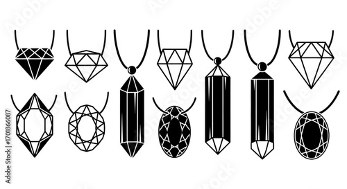 Collection of Diverse Gemstone Pendants Showcasing Various Faceted Cuts and Shapes Suspended from Necklaces Ideal for Jewelry Design and Fashion Inspiration