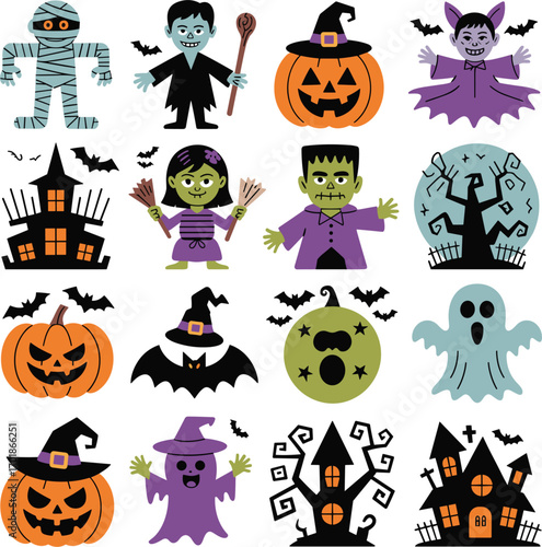 Halloween characters and haunted houses with bats and pumpkins mummy vampire