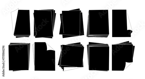 Collection of Black Paper Stacked Rectangles Representing Document Stacks and Bundles of Papers in Various Orientations