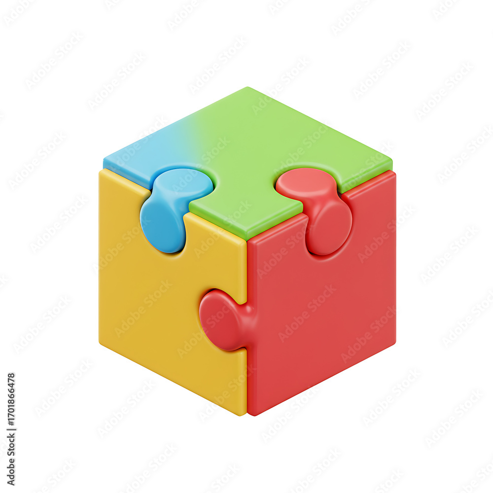 Fototapeta premium Small cube constructed from four interlocking puzzle pieces, isolated on transparent background