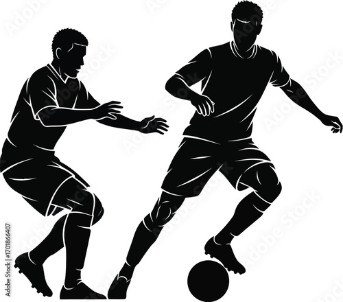 Dynamic silhouette of soccer players in action, dribbling and passing ball, , showcasing teamwork and skillr Artwork
