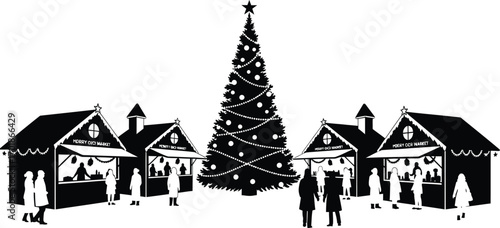 Silhouette of christmas market with stalls and christmas tree festive winter village scene with people shopping