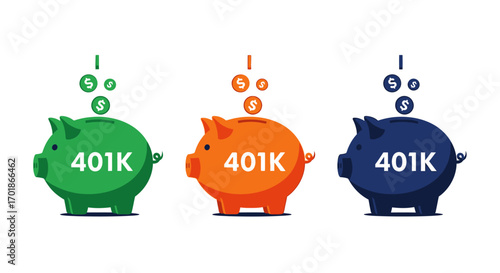 Illustration of colorful piggy banks labeled 401K with coins falling into them representing savings and investment growth