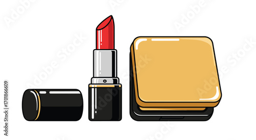 Modern red lipstick and face powder compact illustration perfect for beauty blogs or cosmetic product marketing campaigns, Generative AI.
