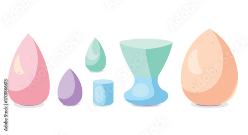 Vibrant collection of makeup blending sponges in assorted shapes and pastel colors for beauty tutorials and cosmetic product displays with artistic flair, Generative AI.