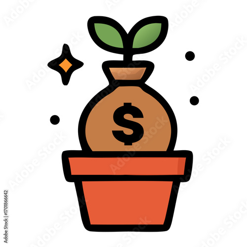 Growing plant from moneybag in a pot  symbolizes financial growth, investments, savings. Suitable for finance, investment, growth concepts.