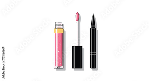 Vibrant lip gloss and eyeliner set isolated on white background perfect for beauty cosmetic fashion and makeup projects, Generative AI.