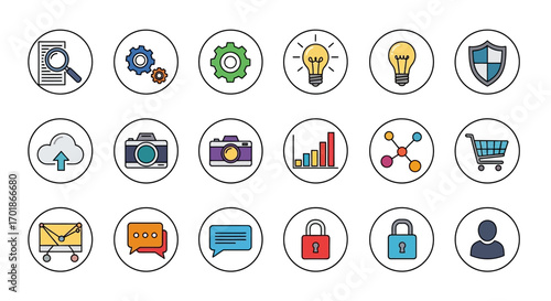 A Collection of Modern Technology and Digital Business Icons Representing Various Concepts and Services for Web and App Design