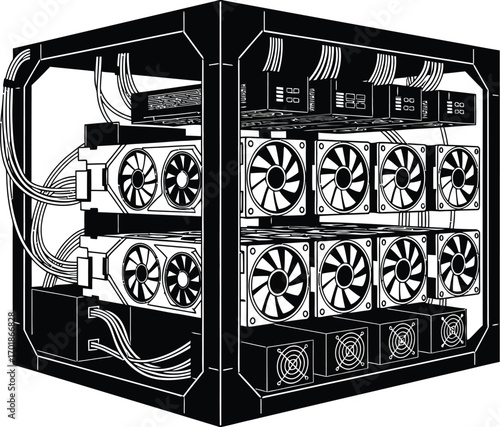 Silhouette of a mining rig with multiple graphic cards cryptocurrency mining equipment for blockchain technology