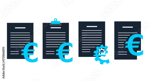 Financial Document Analysis and Cost Management with European Currency Symbols and Gears Illustrating Process Automation Concepts