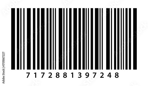 Vector barcode icon with black lines, numbers, and a blue scan dot for product identification and retail price tracking, isolated on transparent background.