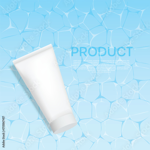 White cosmetic tube mockup on a blue swimming pool water background. Skincare product template for summer beauty and hydration concepts.