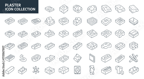 Plaster Icons Collection Illustrating Various Construction Elements and Building Materials in a Stylized Isometric Design