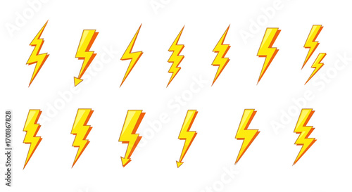 A Collection of Bright Yellow Lightning Bolt Symbols Representing Electricity and Power in Various Dynamic Shapes and Styles Illustrating Energy Discharge and Natural Phenomena