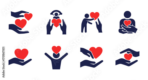 Illustrations of hands holding hearts symbolizing love care kindness compassion and community support and charity